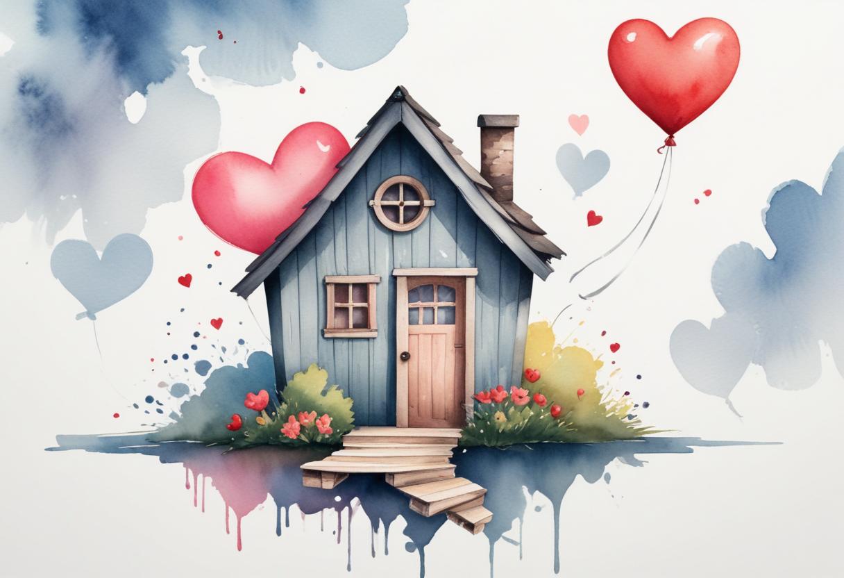 Charming blue house with hearts and flowers in love theme Charming blue house with hearts and flowers in love theme