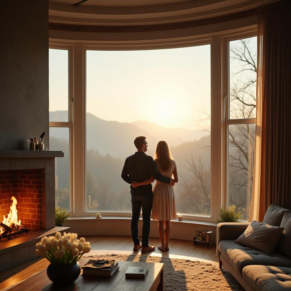 Couple enjoys sunset view from cozy living room Couple enjoys sunset view from cozy living room