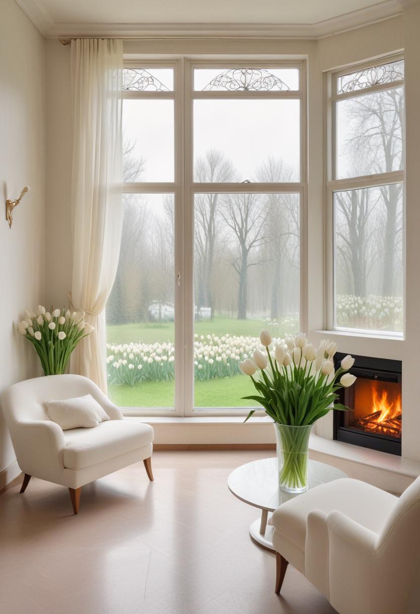 Comfortable indoor seating with tulips and a warm fireplace Comfortable indoor seating with tulips and a warm fireplace
