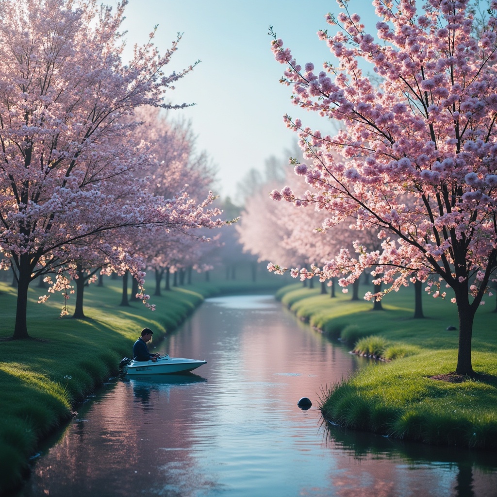 Rowing in a serene cherry blossom canal during spring Rowing in a serene cherry blossom canal during spring