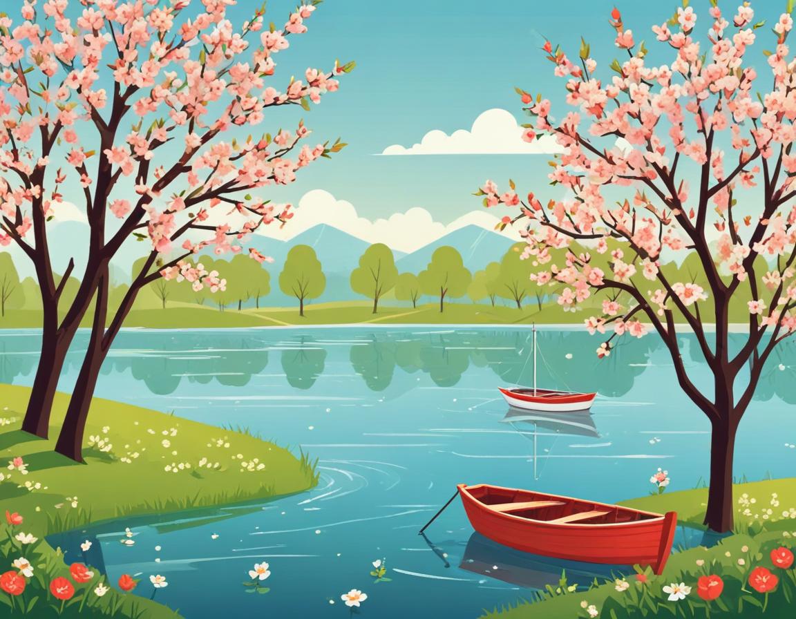 Cherry blossoms surround a tranquil lake with boats Cherry blossoms surround a tranquil lake with boats