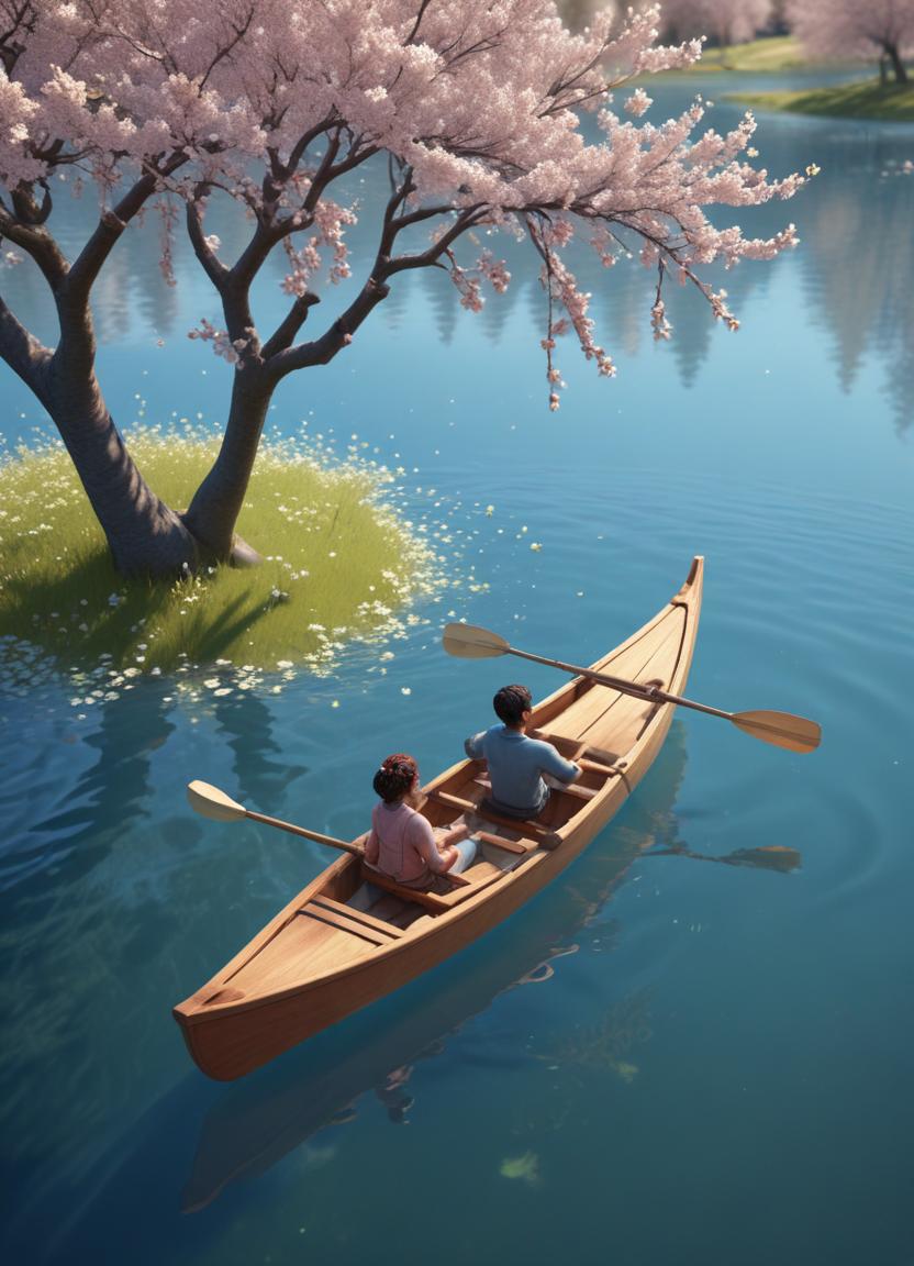 Two people rowing a boat under cherry blossom trees Two people rowing a boat under cherry blossom trees