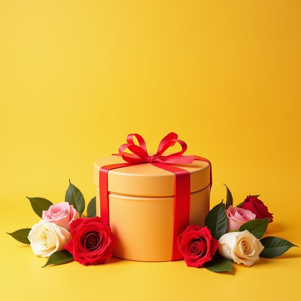 Colorful gift box with roses on a bright yellow background