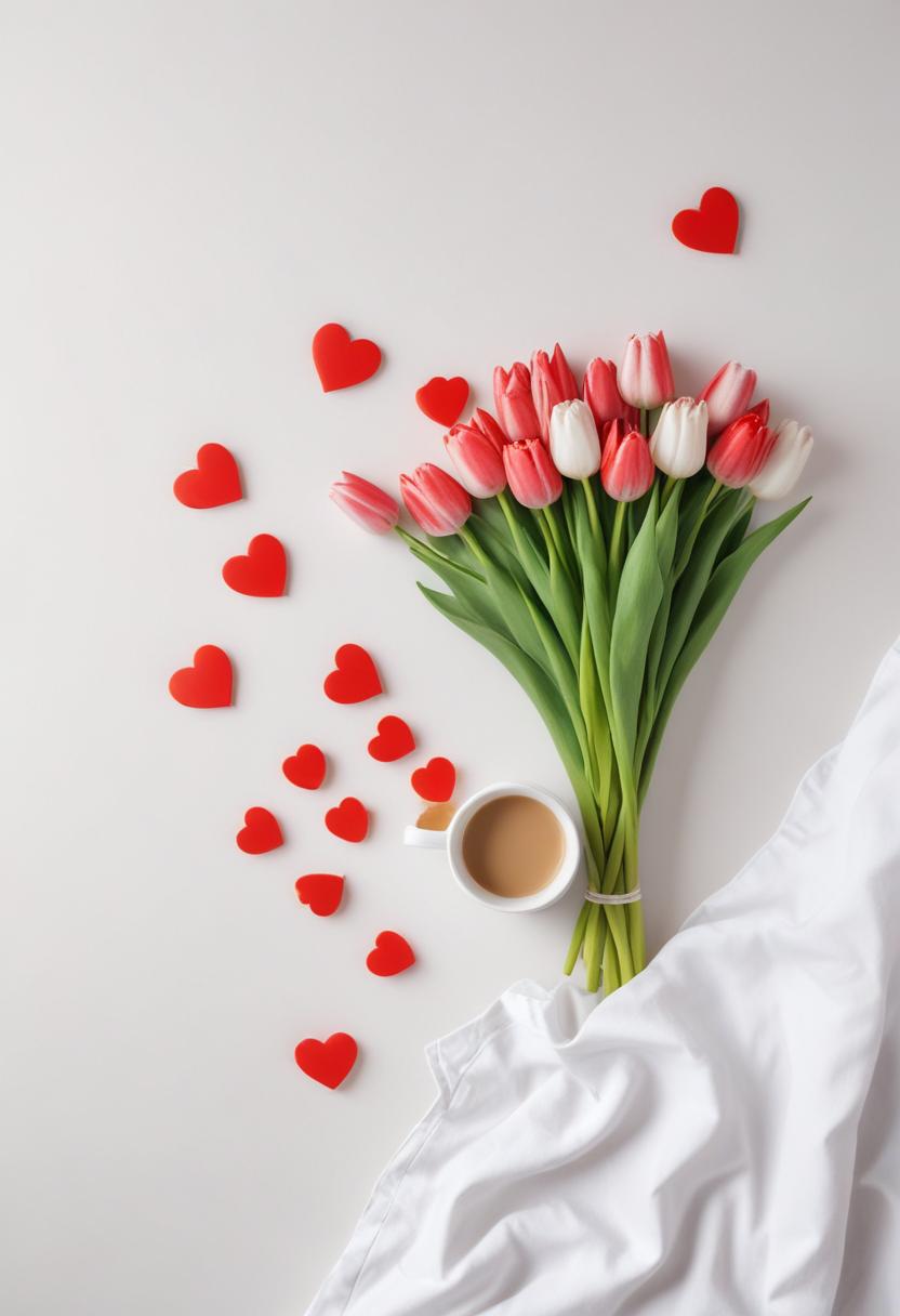 Bouquet of tulips and coffee with heart decorations Bouquet of tulips and coffee with heart decorations