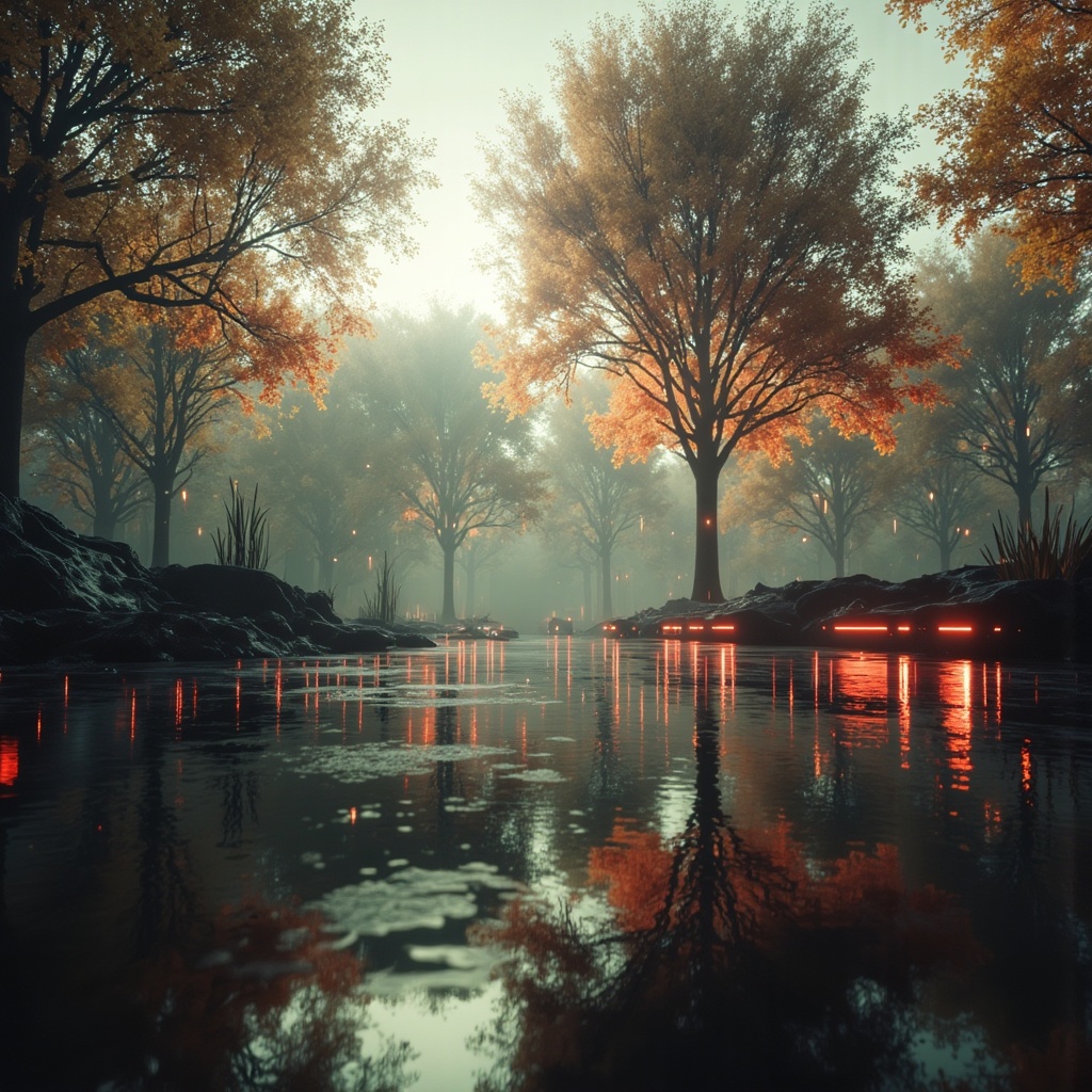 Autumn forest landscape reflected in calm water Autumn forest landscape reflected in calm water