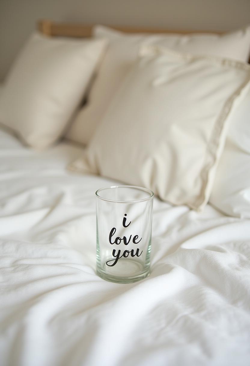 Romantic glass on a cozy bed with white pillows Romantic glass on a cozy bed with white pillows