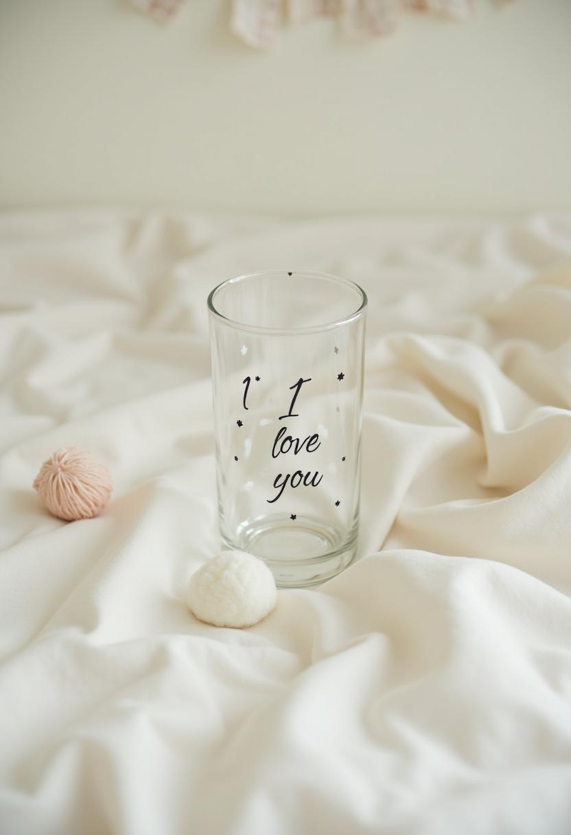 Clear glass with i love you text on soft bedding Clear glass with i love you text on soft bedding