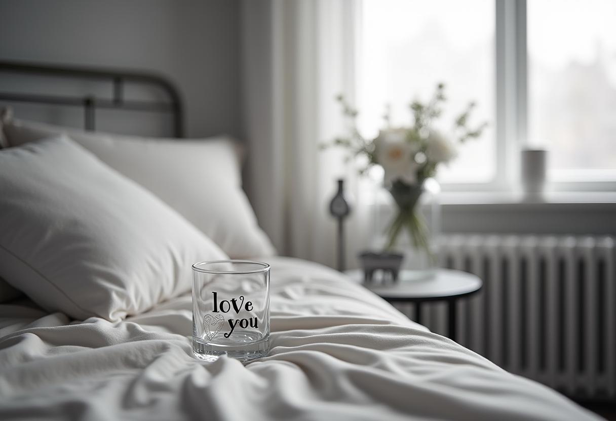 Romantic setting with love note on a cozy bed Romantic setting with love note on a cozy bed