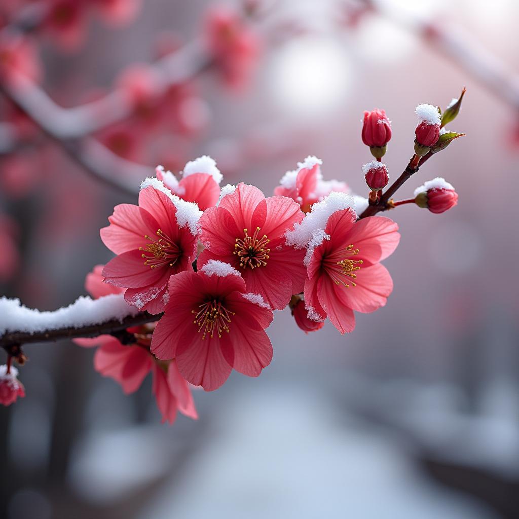 Snow-covered pink blossoms on a winter morning Snow-covered pink blossoms on a winter morning