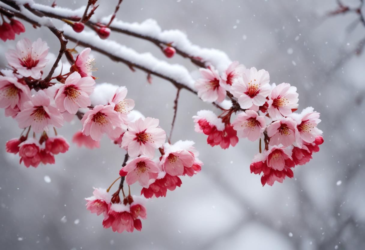 Cherry blossoms blooming in winter snow Cherry blossoms blooming in winter snow