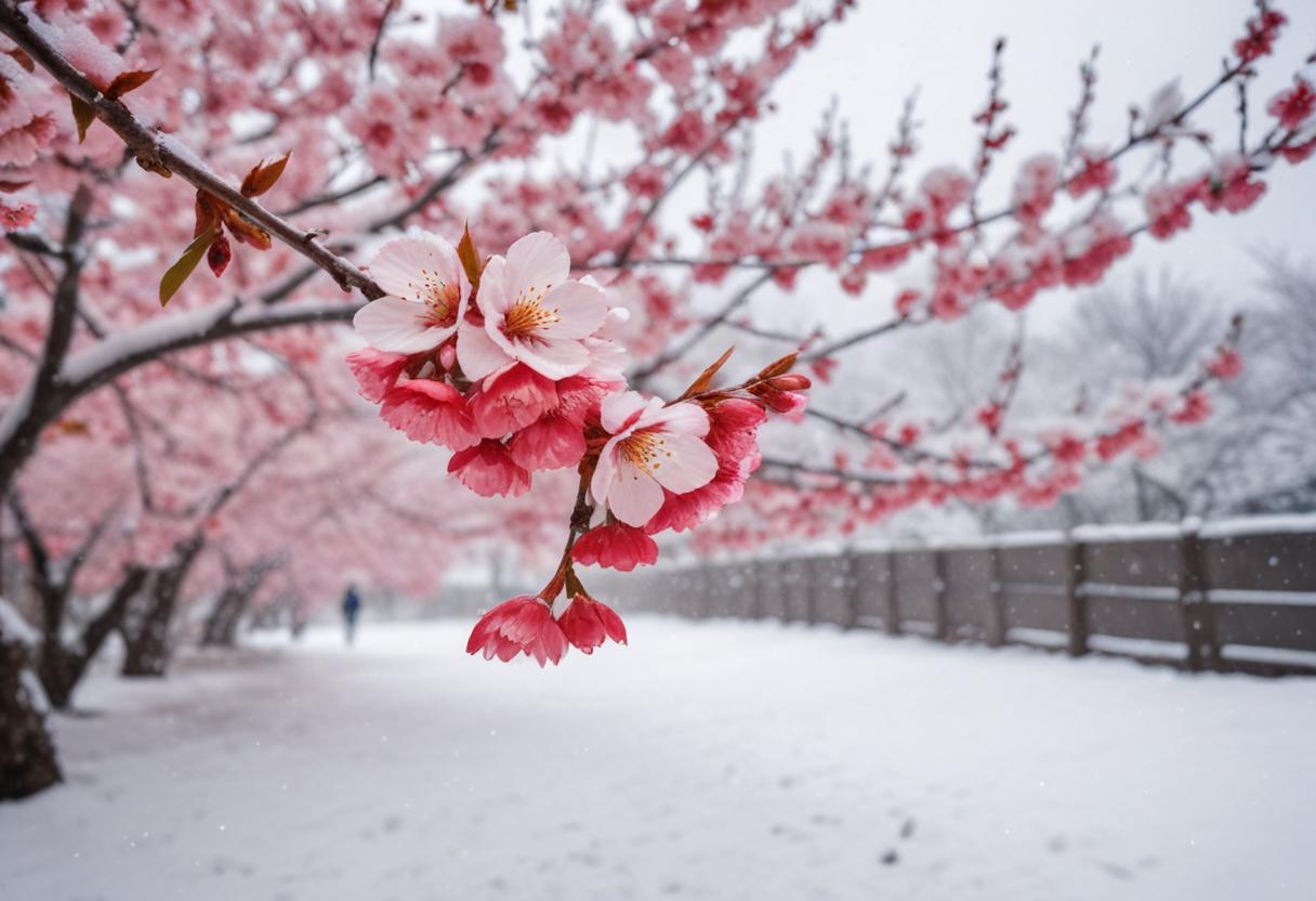 Beautiful cherry blossoms bloom in snowy park setting Beautiful cherry blossoms bloom in snowy park setting