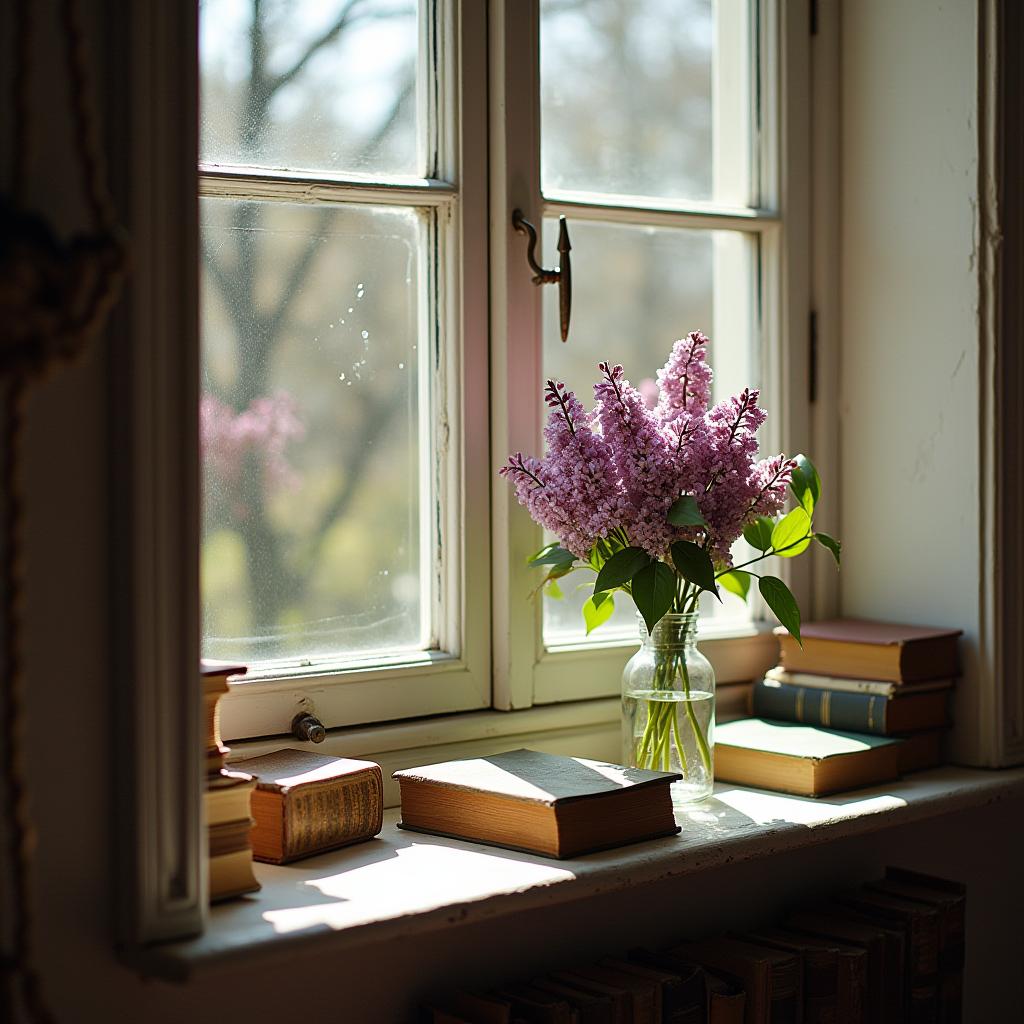 Purple lilacs in a jar near cozy books on a windowsill Purple lilacs in a jar near cozy books on a windowsill