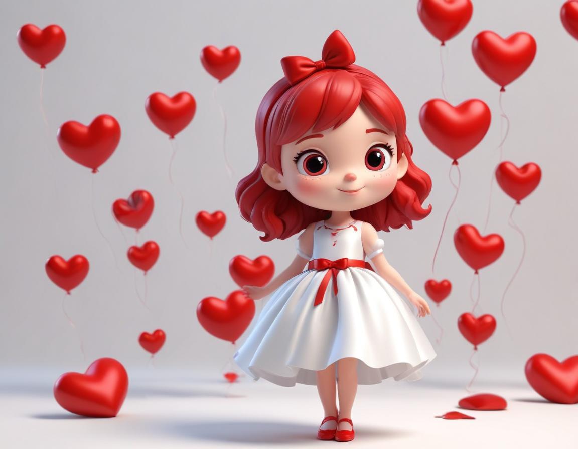 Cute girl standing among floating heart balloons Cute girl standing among floating heart balloons