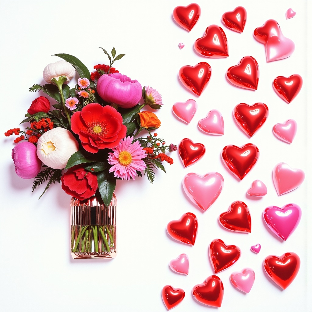 Bright bouquet and heart-shaped decorations create romance Bright bouquet and heart-shaped decorations create romance