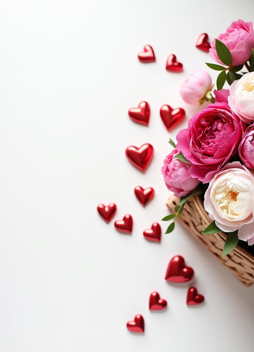 Bright floral arrangement with red hearts for celebration Bright floral arrangement with red hearts for celebration