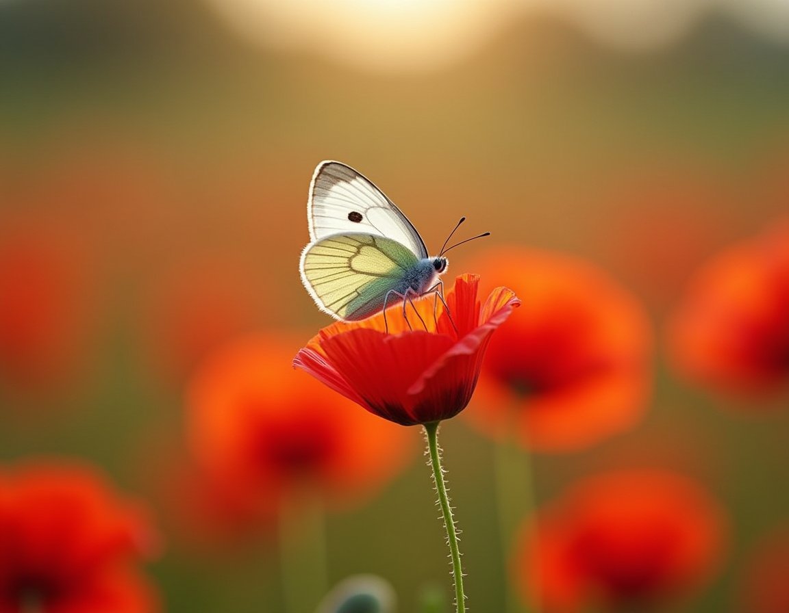 Butterfly perched on a vivid poppy flower at sunset Butterfly perched on a vivid poppy flower at sunset