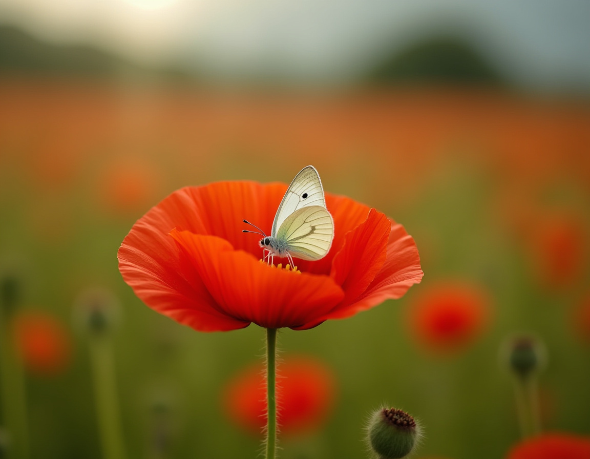 White butterfly resting on a vibrant red poppy flower White butterfly resting on a vibrant red poppy flower
