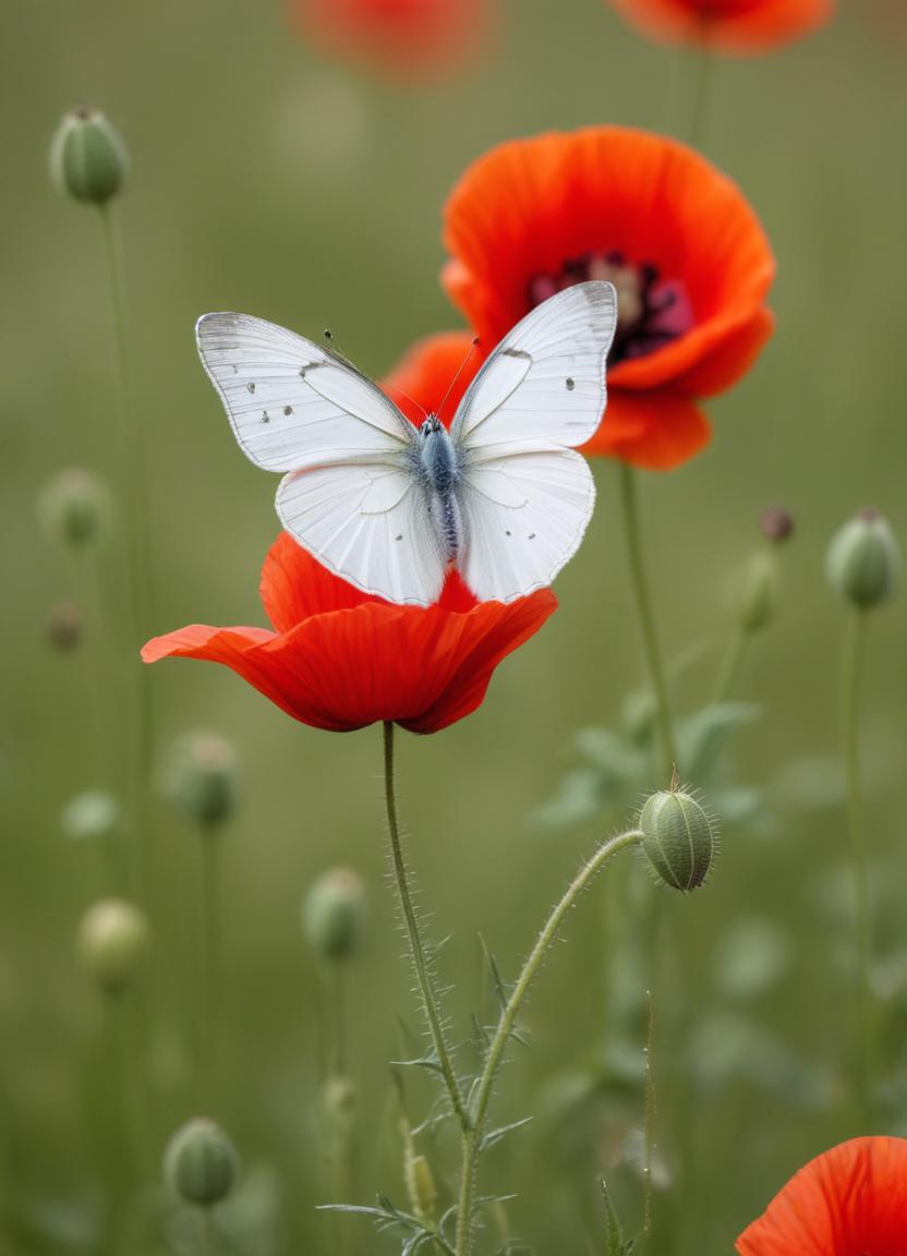 Delicate white butterfly rests on vibrant red poppy flowers Delicate white butterfly rests on vibrant red poppy flowers