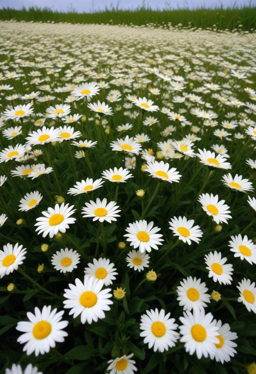 Expansive field of daisies in full bloom at midday Expansive field of daisies in full bloom at midday