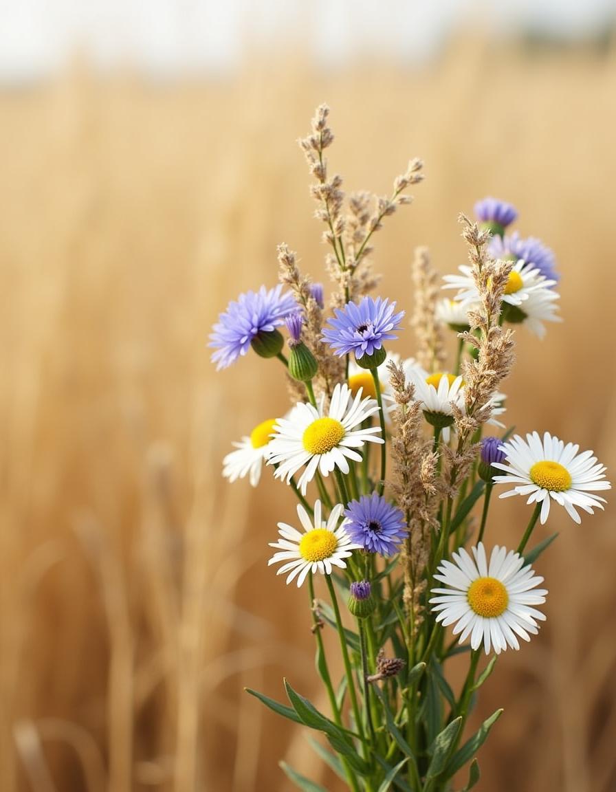Bright wildflowers blooming in a golden field Bright wildflowers blooming in a golden field