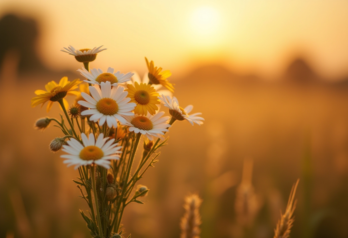 Beautiful daisies blooming during sunset in a meadow Beautiful daisies blooming during sunset in a meadow