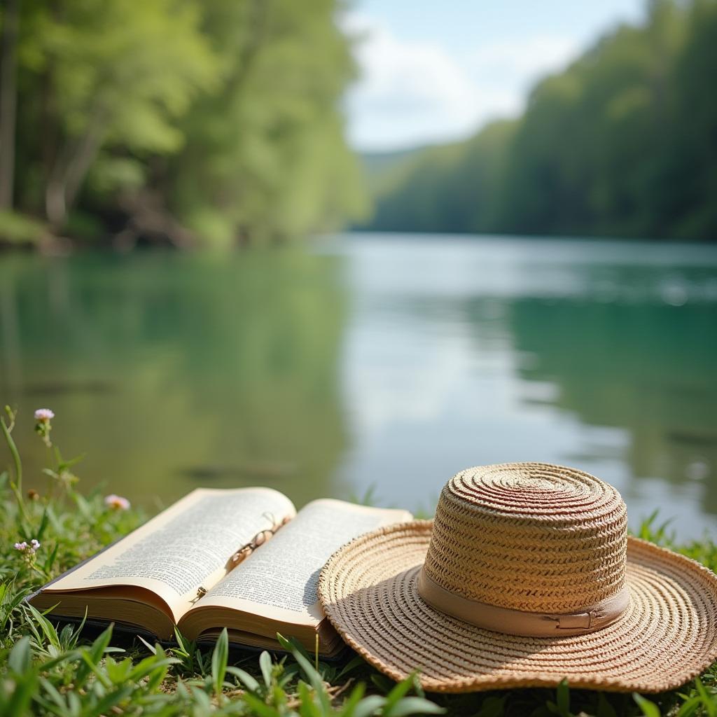 Relaxing by the river with a book and hat Relaxing by the river with a book and hat