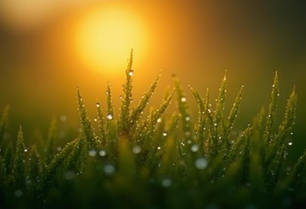 Morning sunlight illuminates dew-covered grass blades Morning sunlight illuminates dew-covered grass blades