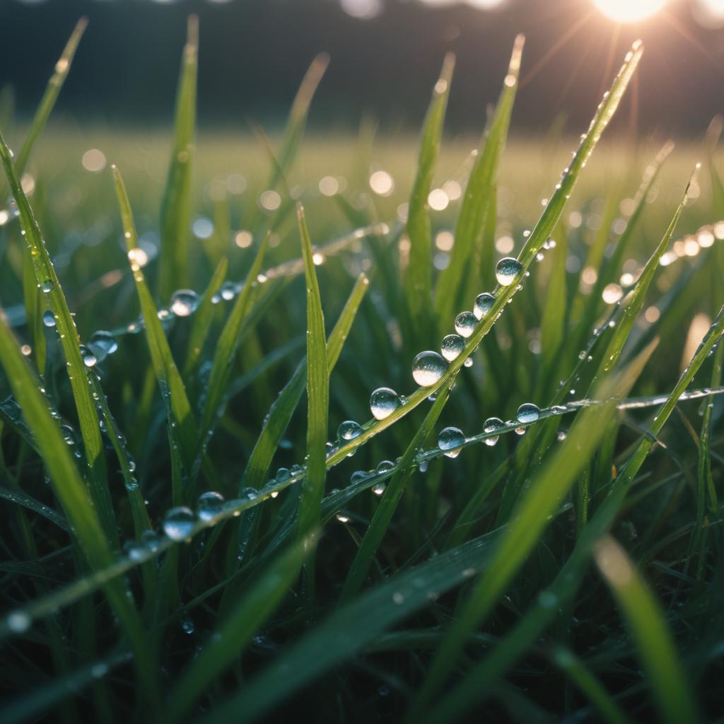 Morning dew rests on vibrant green grass blades Morning dew rests on vibrant green grass blades