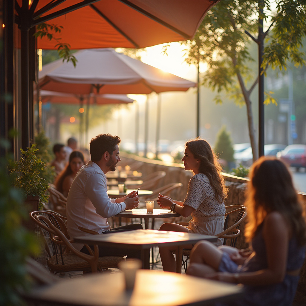 Couple enjoys conversation at outdoor cafe during sunset Couple enjoys conversation at outdoor cafe during sunset