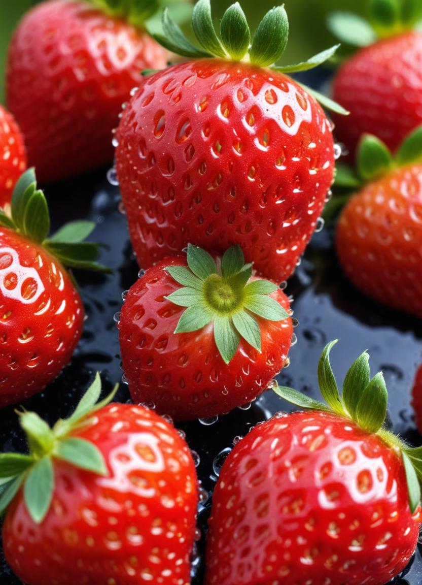 Shiny strawberries on a black surface Shiny strawberries on a black surface