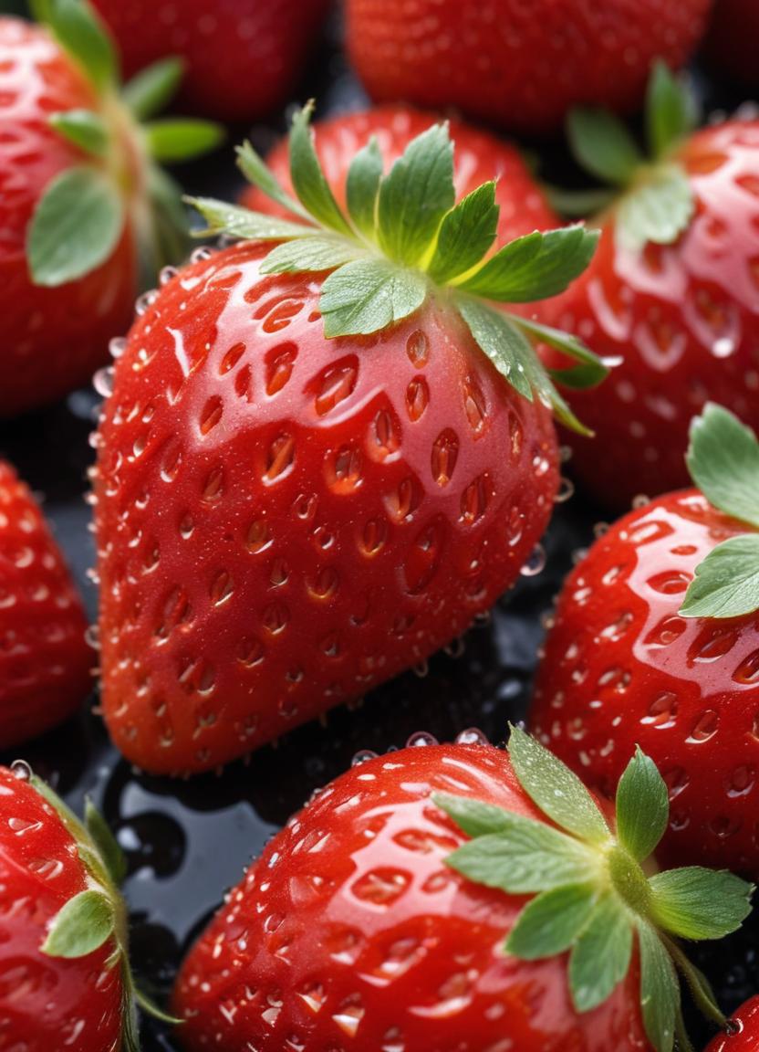 Freshly washed strawberries glistening with water droplets