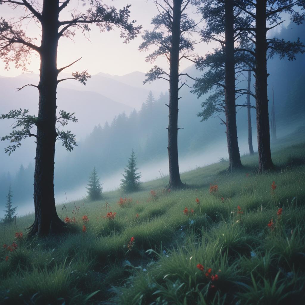 Misty morning in a serene mountain forest landscape Misty morning in a serene mountain forest landscape
