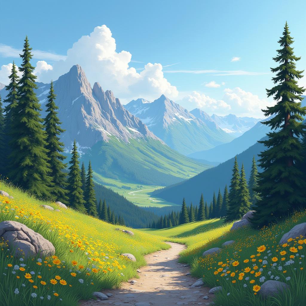 Beautiful mountain valley with vibrant flowers and trees Beautiful mountain valley with vibrant flowers and trees