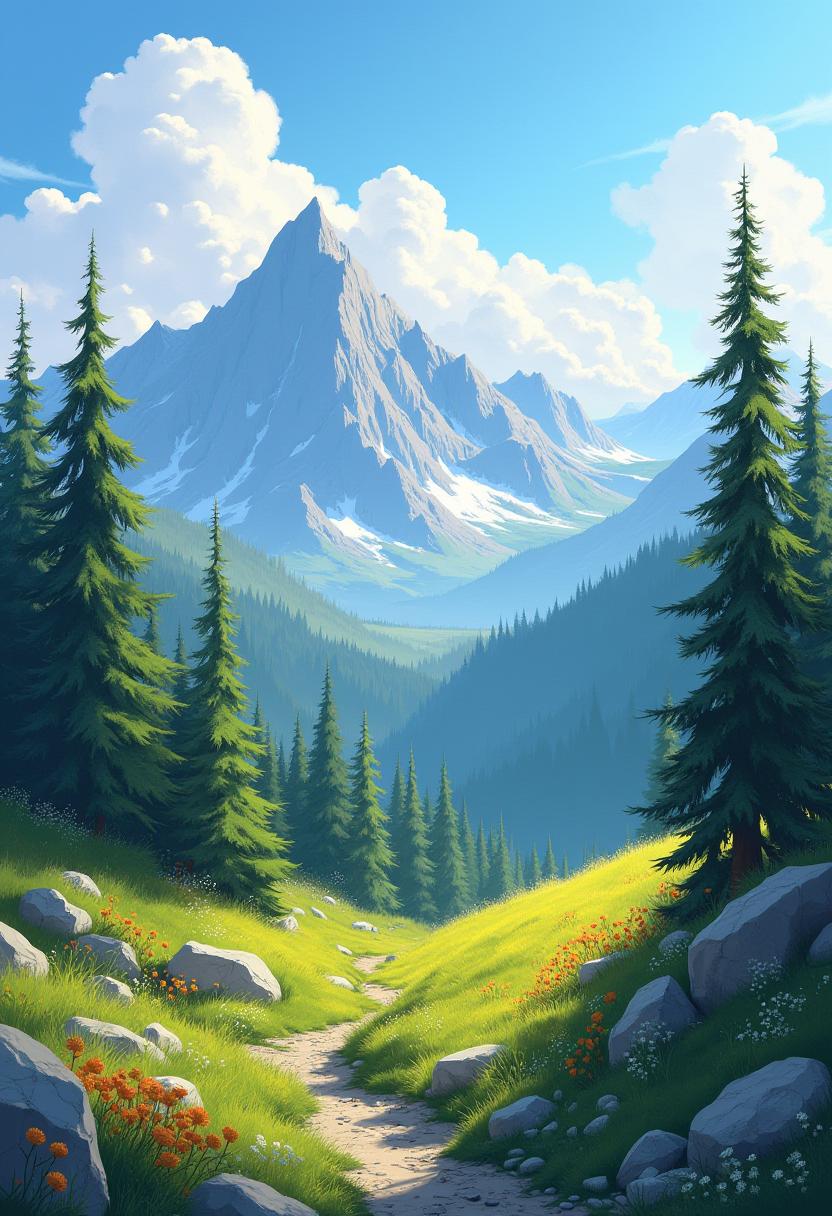 Scenic mountain landscape with tall trees and flowers Scenic mountain landscape with tall trees and flowers