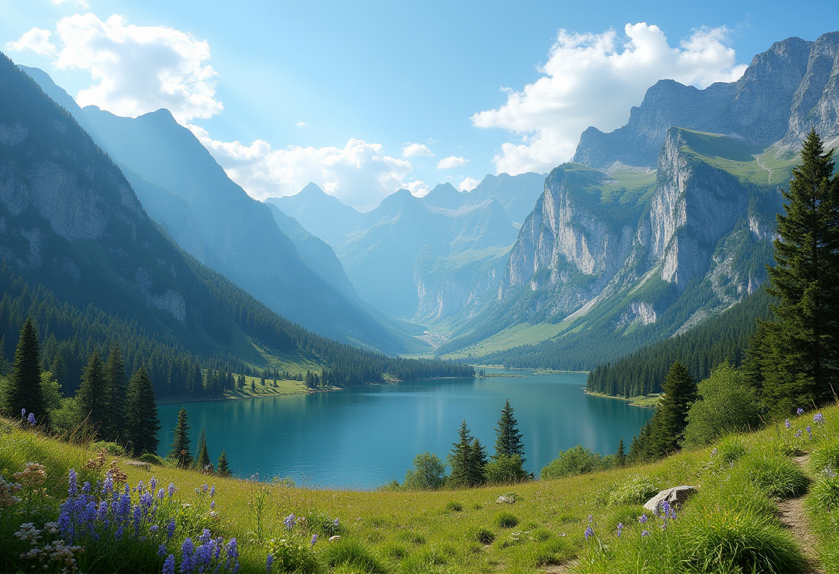 Majestic mountain landscape with serene lake and trees Majestic mountain landscape with serene lake and trees