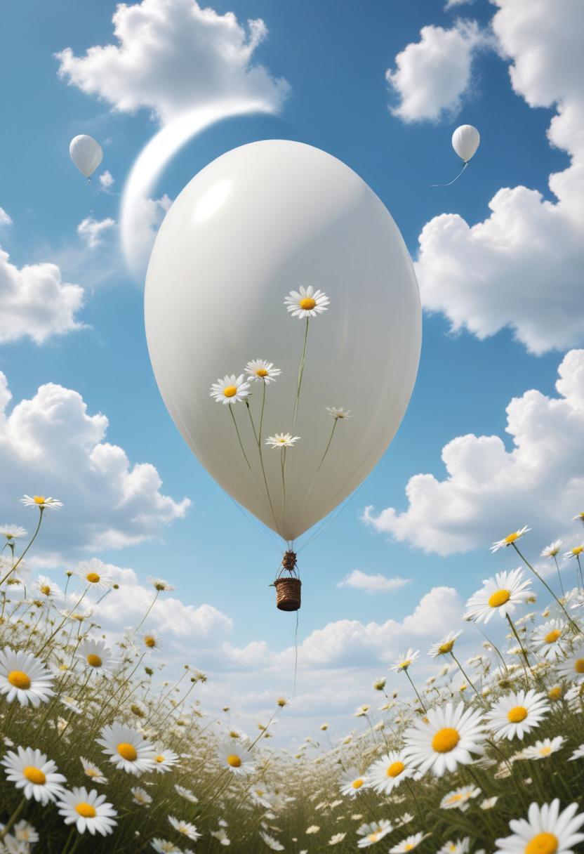 Balloons rise above a field of daisies under a blue sky Balloons rise above a field of daisies under a blue sky
