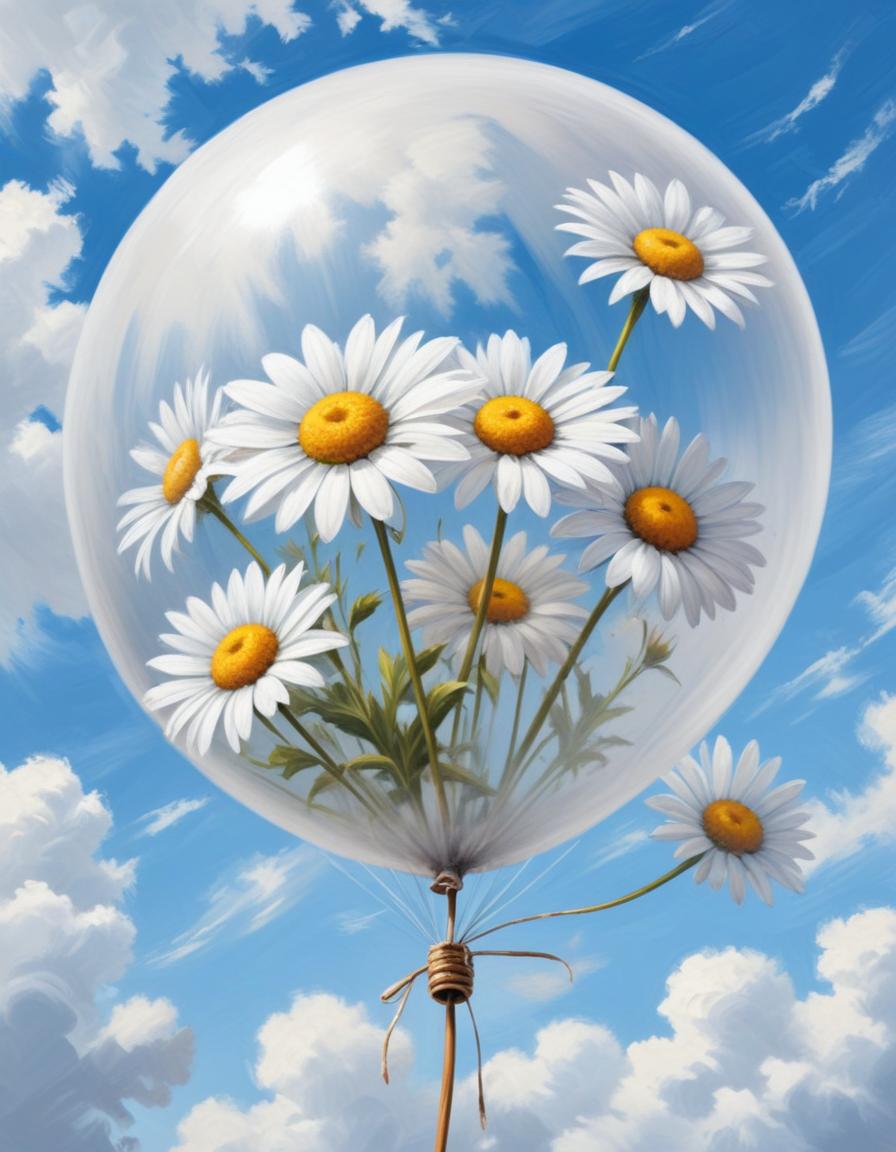 Daisies in a balloon float against a blue sky Daisies in a balloon float against a blue sky