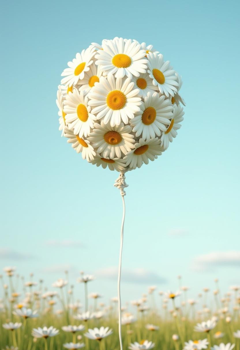 Daisies bloom in a whimsical balloon above a field Daisies bloom in a whimsical balloon above a field