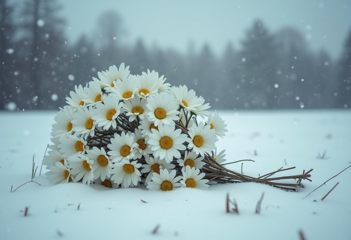 Snow-covered daisies lying gently on the winter ground Snow-covered daisies lying gently on the winter ground