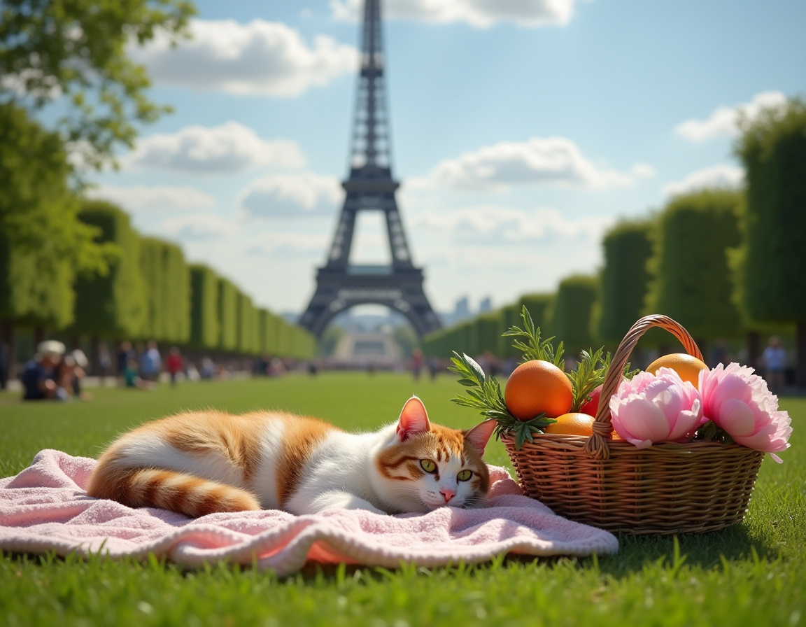 Orange cat with picnic Eiffel Tower Orange cat with picnic Eiffel Tower