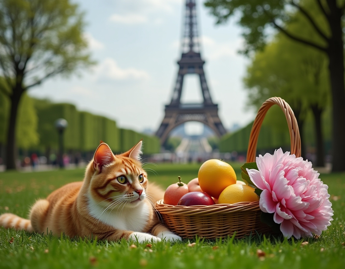 Orange cat with fruit basket Eiffel Tower Orange cat with fruit basket Eiffel Tower