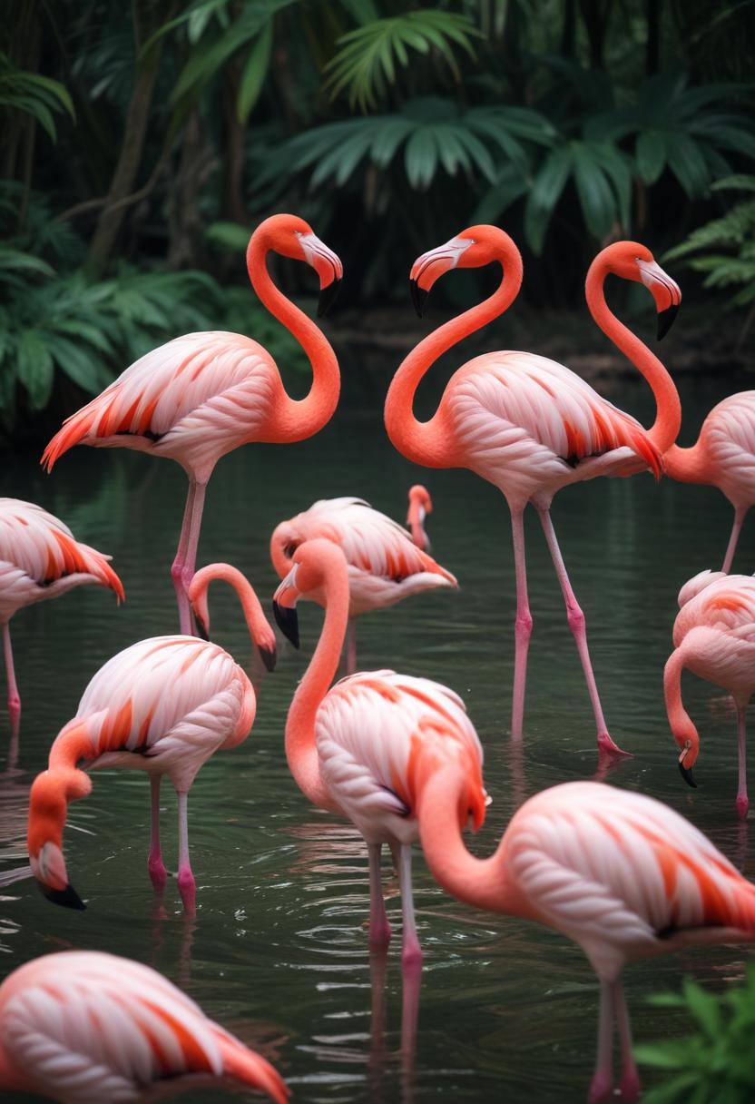 Flock of pink flamingos in water Flock of pink flamingos in water