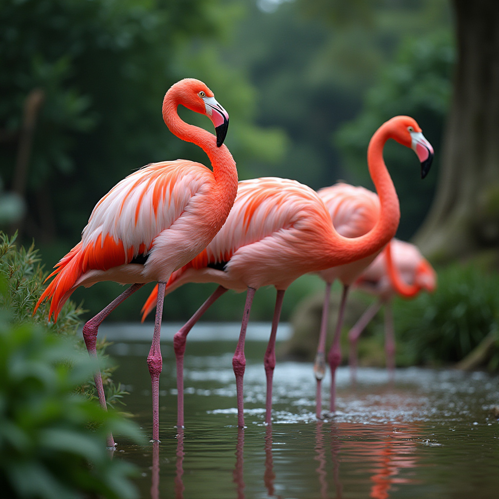 Group of pink flamingos in water Group of pink flamingos in water