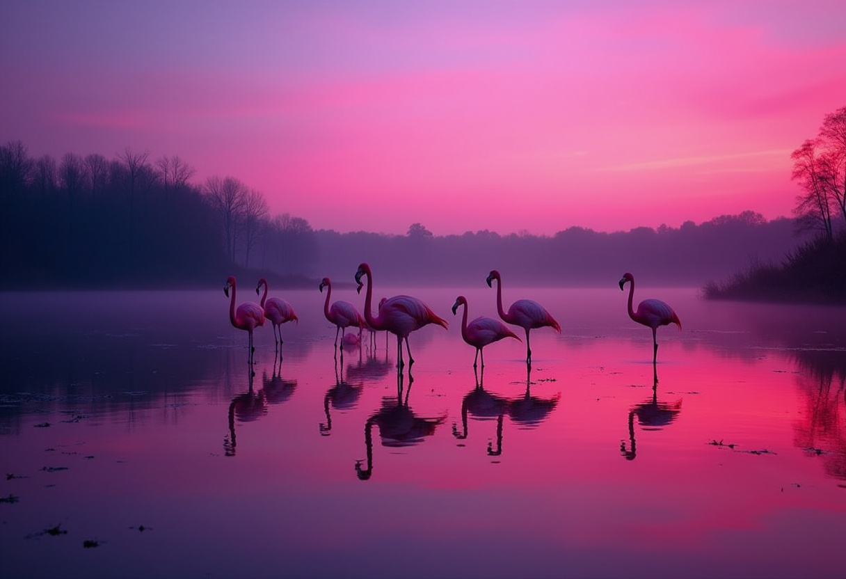 Flamingos Standing in Pink Misty Lake Flamingos Standing in Pink Misty Lake