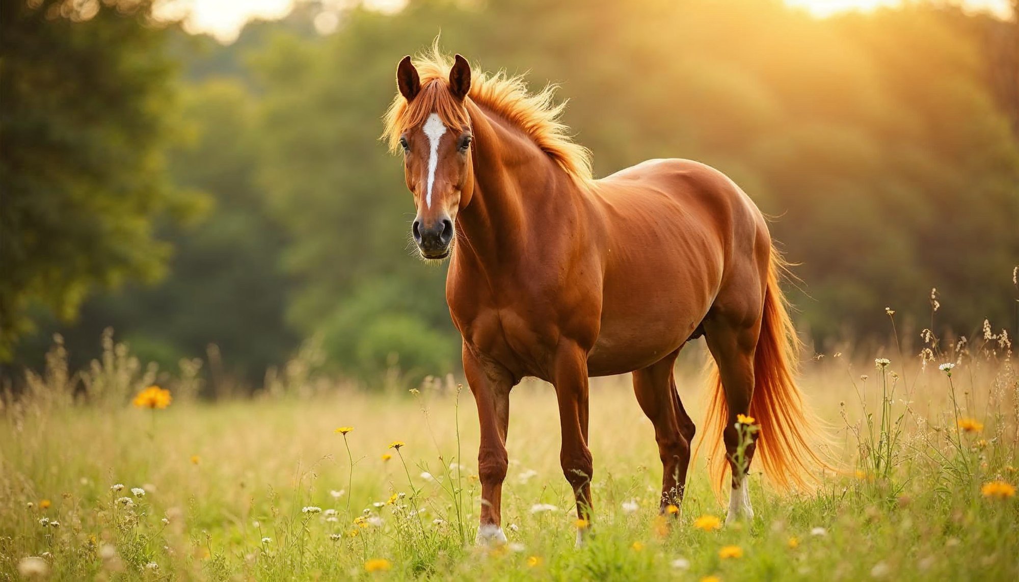 Chestnut horse in golden field sunset Chestnut horse in golden field sunset