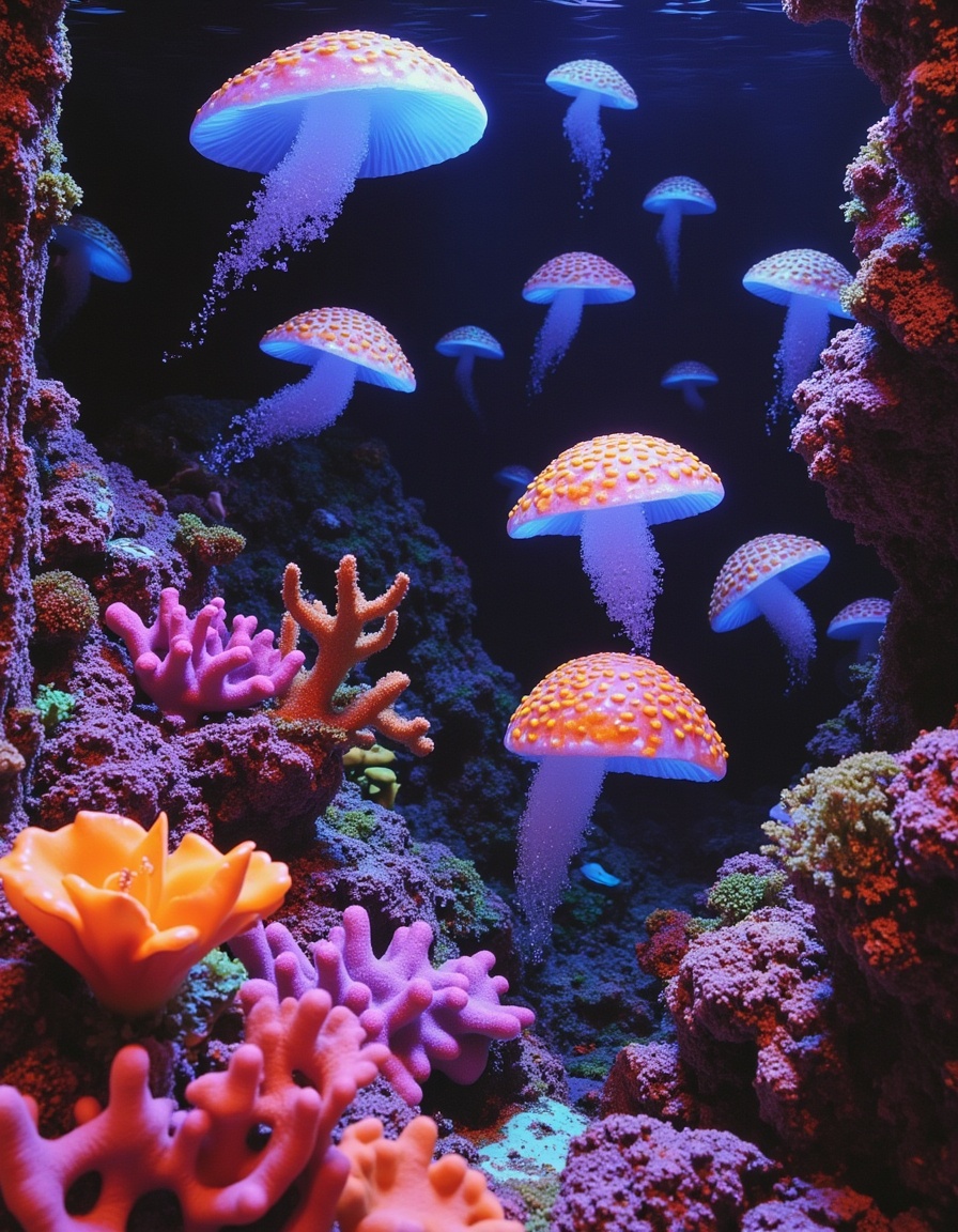 Glowing Jellyfish in Underwater Coral Reef Glowing Jellyfish in Underwater Coral Reef