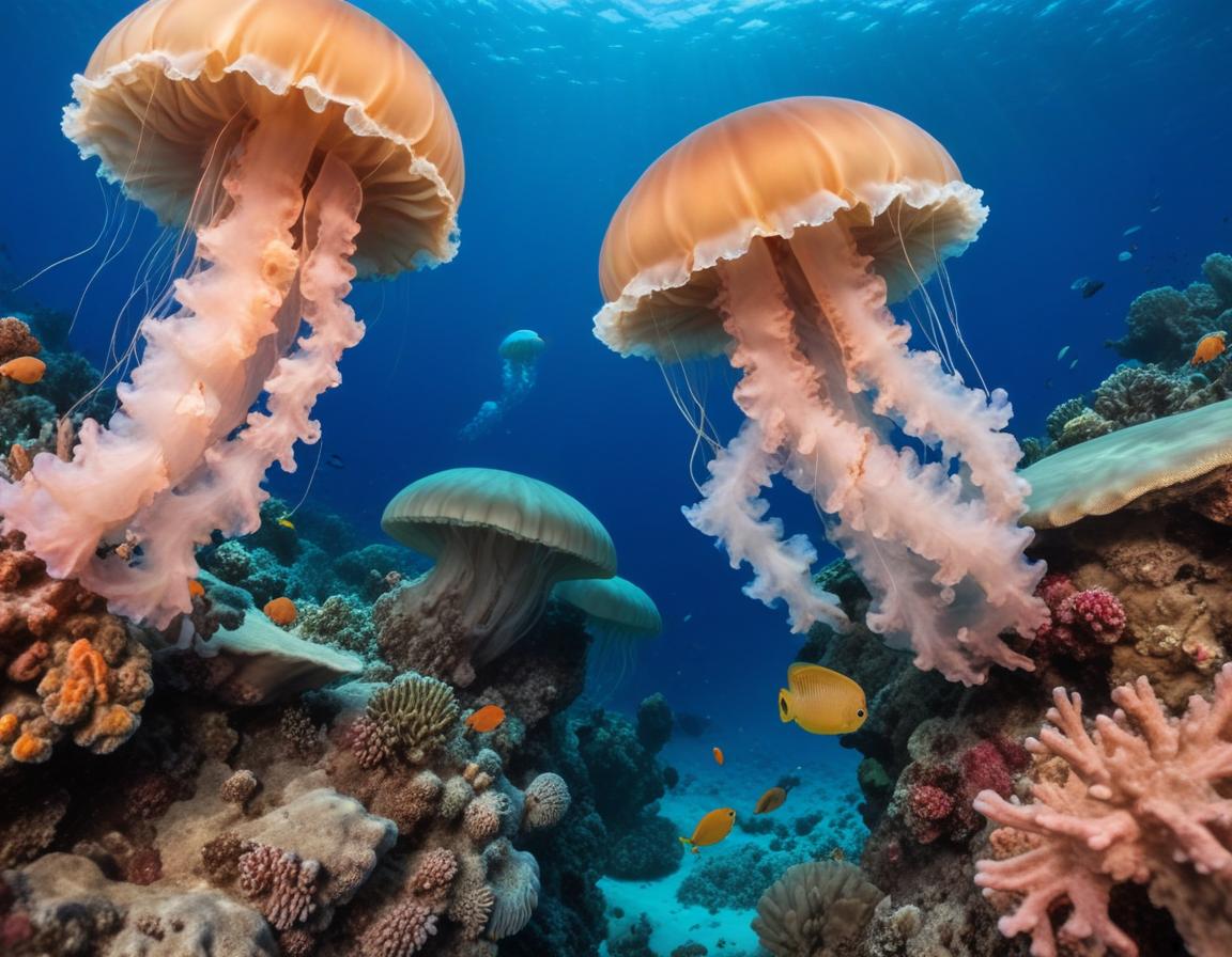 Orange Jellyfish Swimming in Coral Reef Orange Jellyfish Swimming in Coral Reef