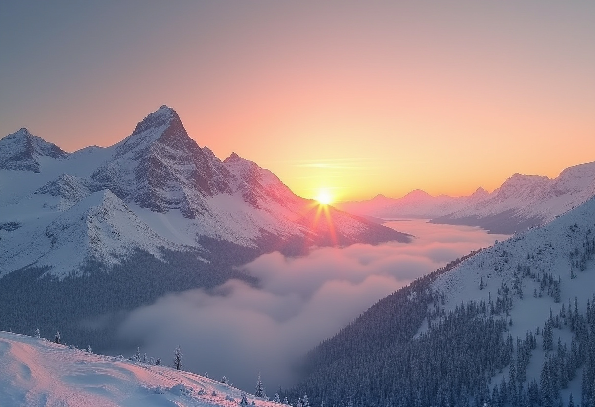 Sunrise Over Snowy Mountains with Clouds Sunrise Over Snowy Mountains with Clouds