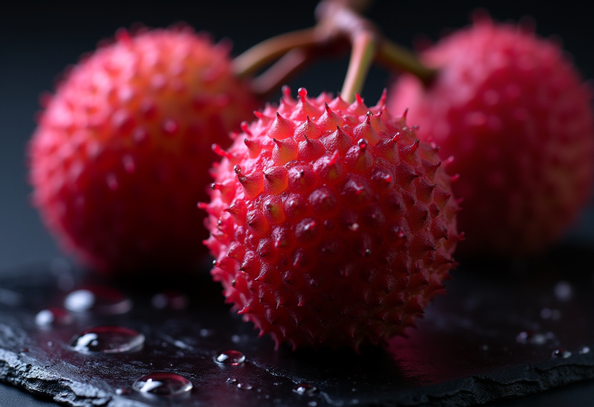 Fresh rambutan fruits on black slate Fresh rambutan fruits on black slate