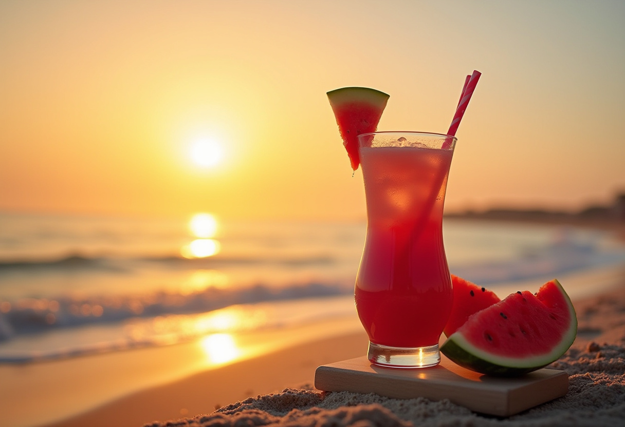 Watermelon Cocktail on Beach Sunset Watermelon Cocktail on Beach Sunset